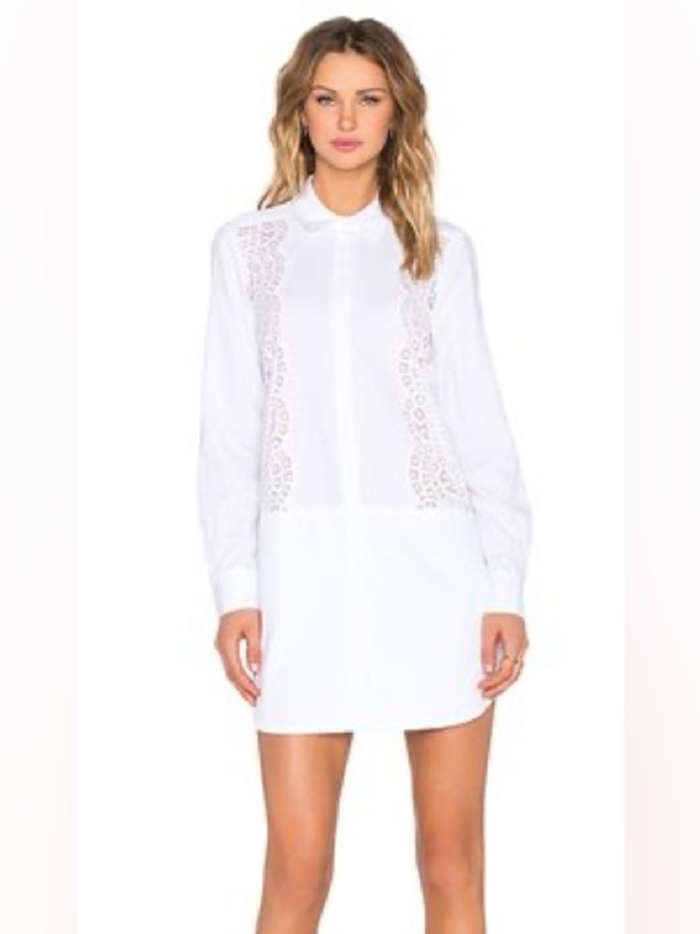 $395 BCBGMAXAZRIA White Lace Panel Long Sleeve Cotton Shirt Dress